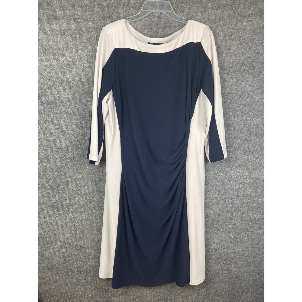 Lauren Ralph Lauren Sheath Dress Womens Size 20 Navy off white Ruched Colorblock